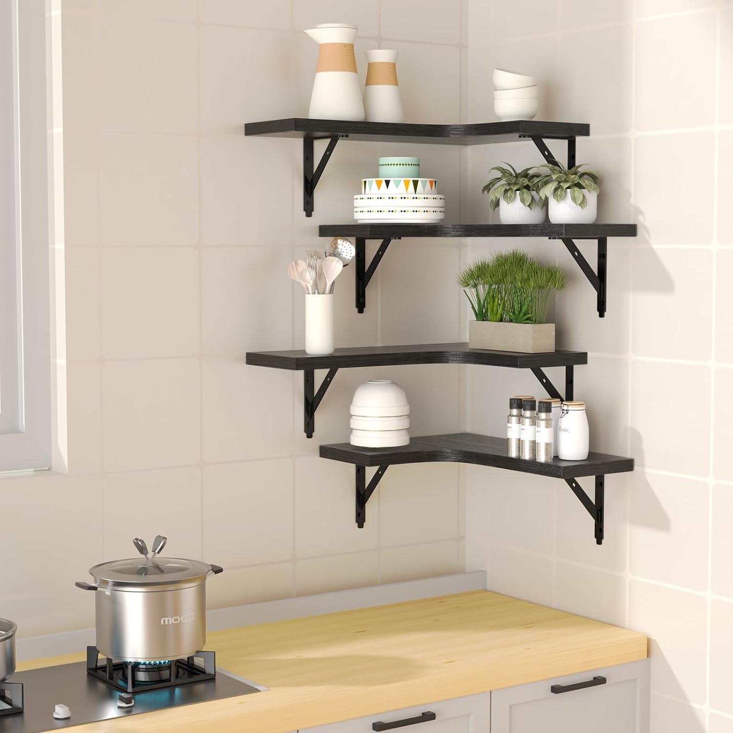 Corner Floating Shelves Wall Mounted Set of 4 Rustic Wood Storage Display Home