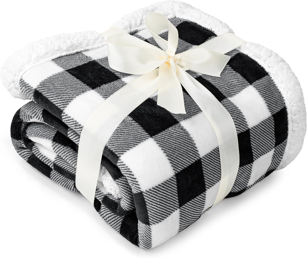 Black & White Buffalo Plaid Sherpa Bed Blanket - King, Plush Checkered Fleece & Flannel, Warm Winter Blanket for Couch & Sofa, 90X108