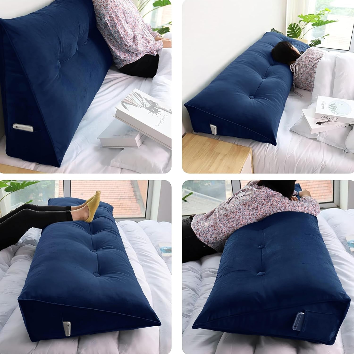 100% Cotton Velvet Headboard Pillow – Twin Size Wedge Back Support Reading Bolster for Bed & Daybed, Handmade Firm Support Cushion with Removable Cover, Soft Luxury Bed Rest Pillow, Deep Blue