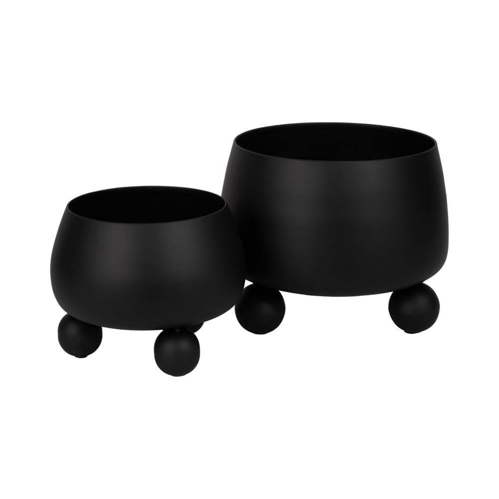 9 In. and 11 In. Black Metal Planters with Ball Feet (Set of 2)