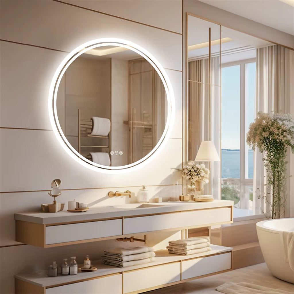 Intelligent Illuminate Big round Mirror for Bathroom Touch Screen Dimmable Anti-Fog Bathroom LED Light Mirror