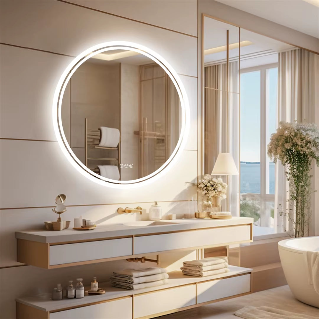 Intelligent Illuminate Big round Mirror for Bathroom Touch Screen Dimmable Anti-Fog Bathroom LED Light Mirror