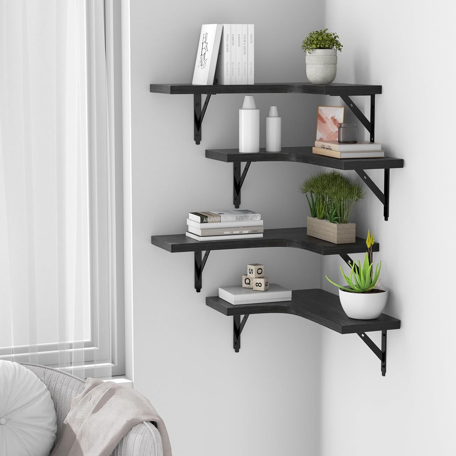 Corner Floating Shelves Wall Mounted Set of 4 Rustic Wood Storage Display Home