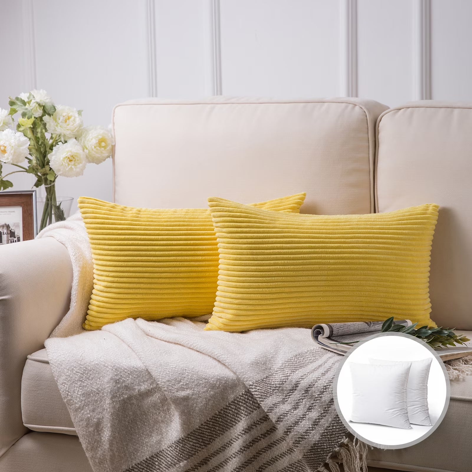 20" X 12" Modern, Contemporary, Transitional Yellow Striped Polyester Throw Pillow , ( 2 Count)
