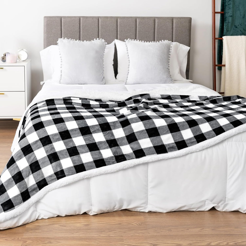 Black & White Buffalo Plaid Sherpa Bed Blanket - King, Plush Checkered Fleece & Flannel, Warm Winter Blanket for Couch & Sofa, 90X108