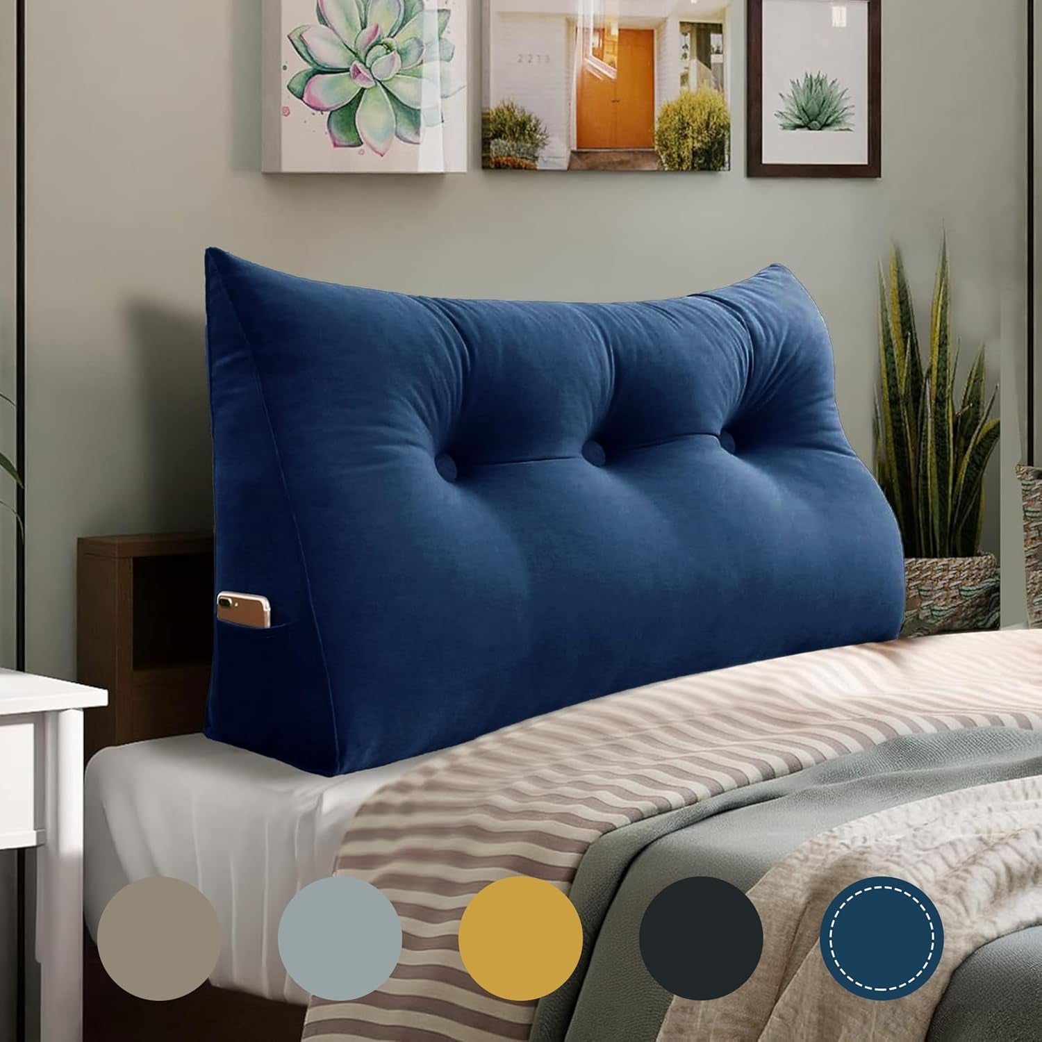 100% Cotton Velvet Headboard Pillow – Twin Size Wedge Back Support Reading Bolster for Bed & Daybed, Handmade Firm Support Cushion with Removable Cover, Soft Luxury Bed Rest Pillow, Deep Blue