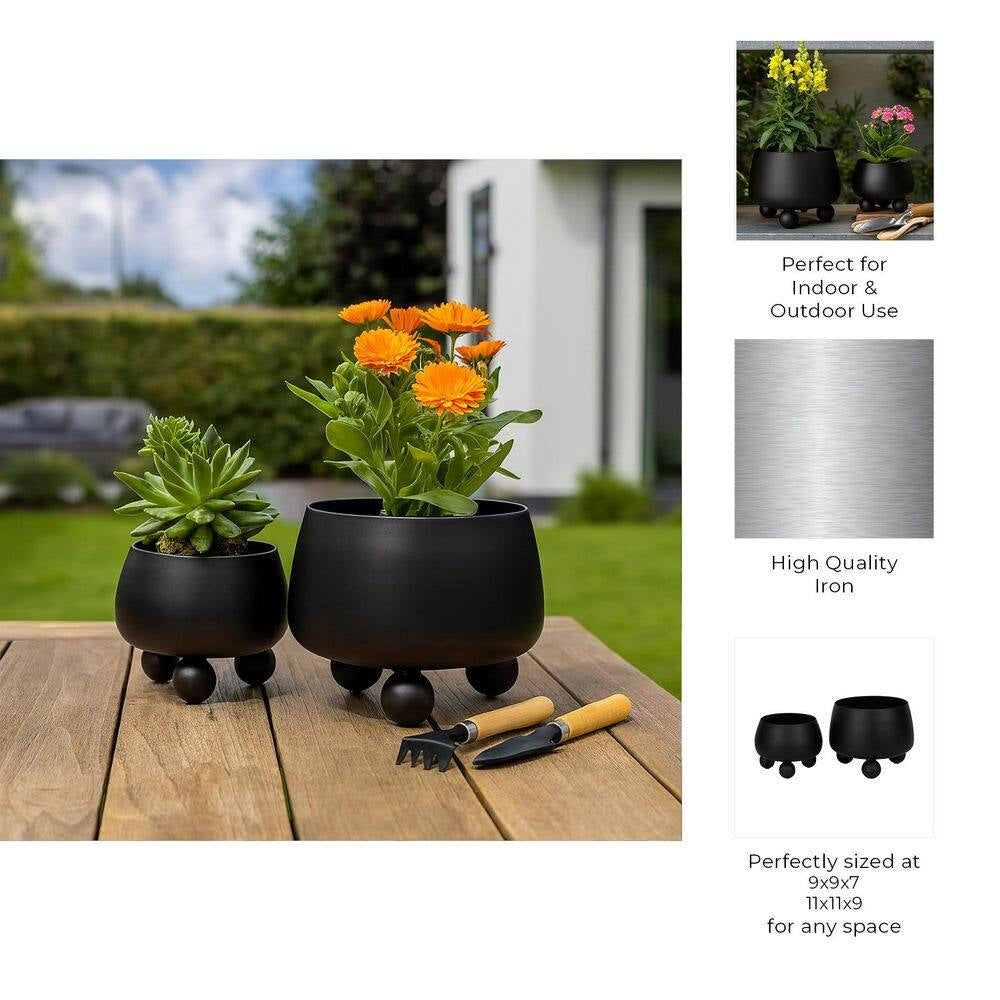 9 In. and 11 In. Black Metal Planters with Ball Feet (Set of 2)