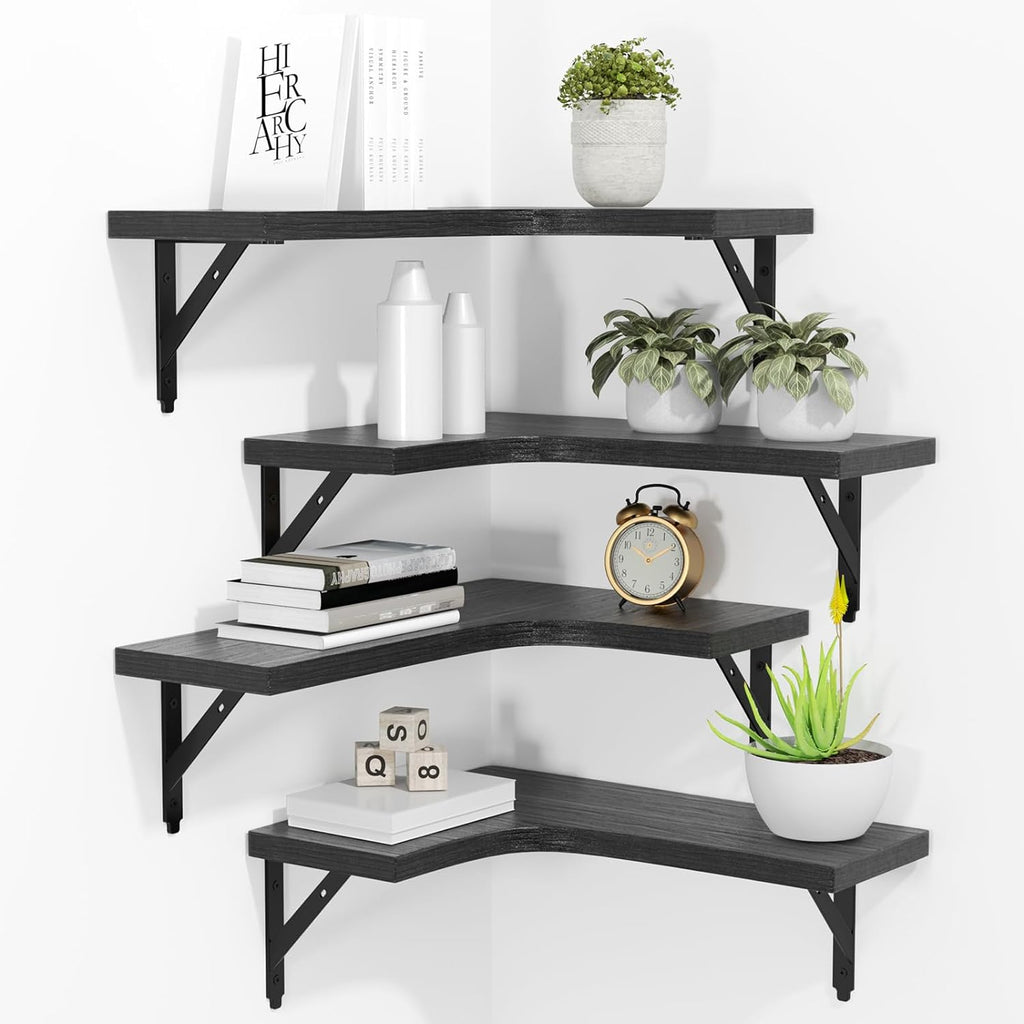Corner Floating Shelves Wall Mounted Set of 4 Rustic Wood Storage Display Home