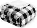 Black & White Buffalo Plaid Sherpa Bed Blanket - King, Plush Checkered Fleece & Flannel, Warm Winter Blanket for Couch & Sofa, 90X108