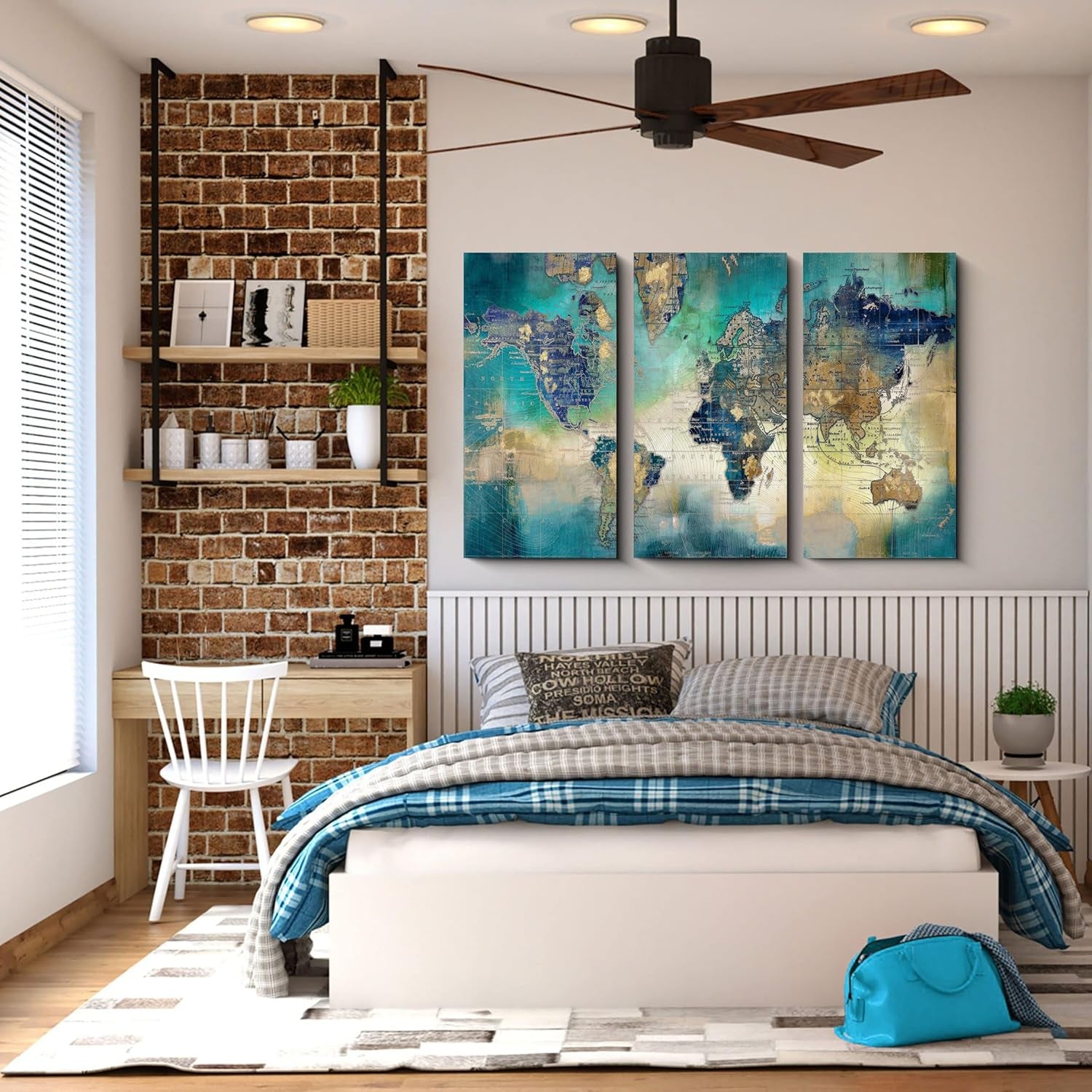 Canvas Wall Art for Living Room - World Map Wall Decor - Large Wall Art for Bedroom - Office Artwork - Map Wall Art 16"X32" 3 Piece Canvas Wall Art