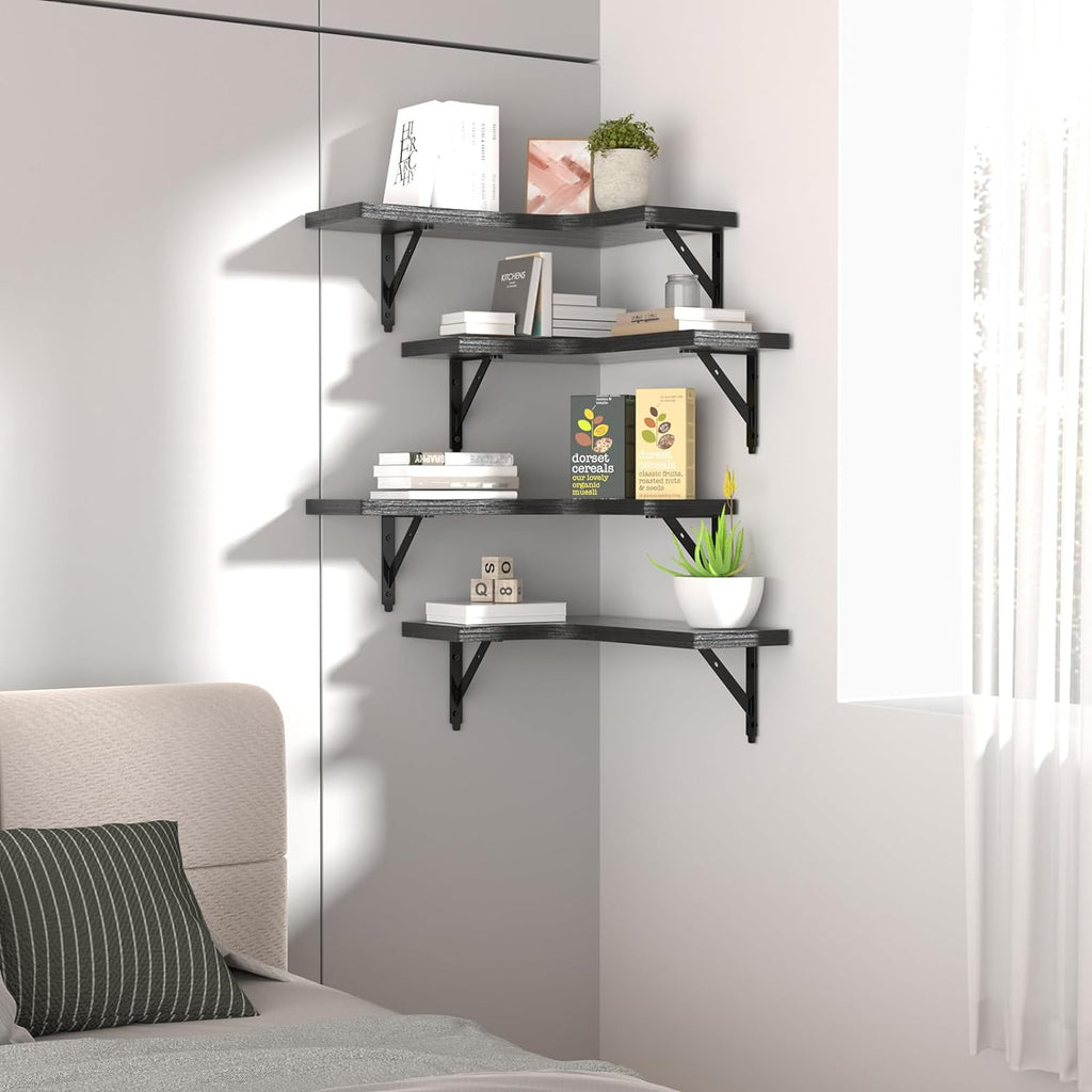Corner Floating Shelves Wall Mounted Set of 4 Rustic Wood Storage Display Home