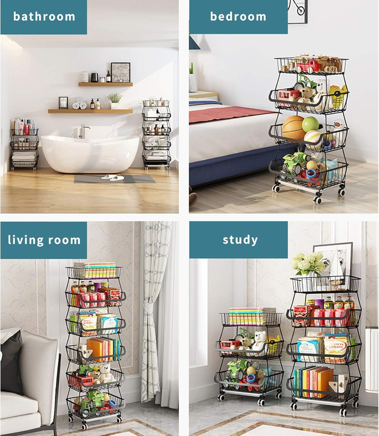 Kitchen Storage Baskets Black Iron Wire Storage Bins with Wheels and Feet, Stackable Vegetable Storage Baskets (6-Tier Baskets)