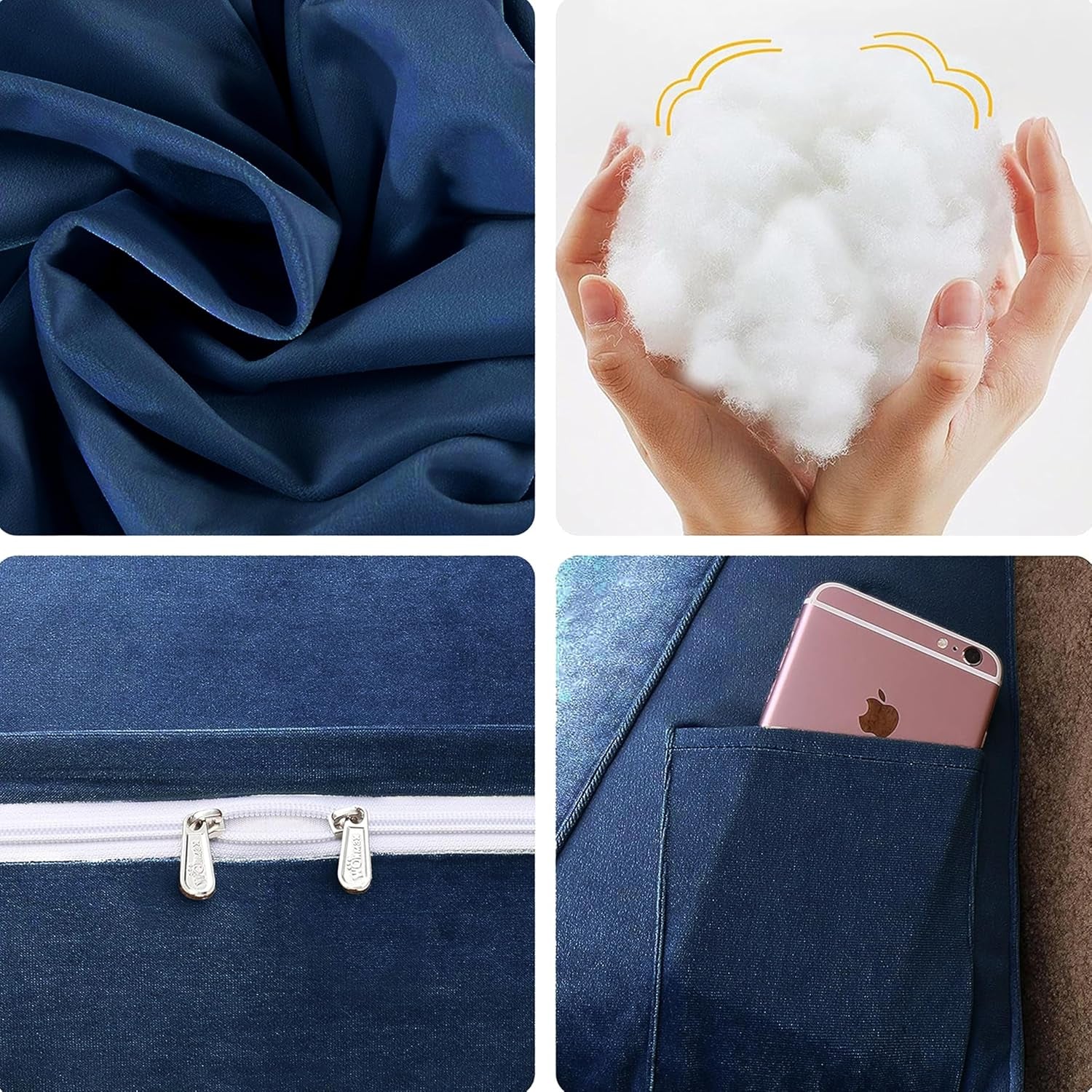 100% Cotton Velvet Headboard Pillow – Twin Size Wedge Back Support Reading Bolster for Bed & Daybed, Handmade Firm Support Cushion with Removable Cover, Soft Luxury Bed Rest Pillow, Deep Blue