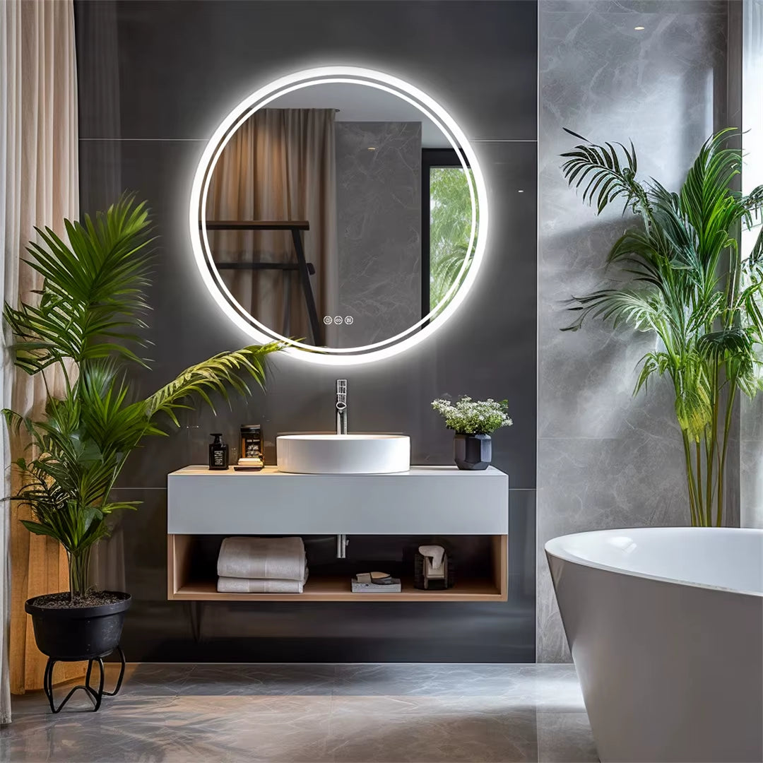 Intelligent Illuminate Big round Mirror for Bathroom Touch Screen Dimmable Anti-Fog Bathroom LED Light Mirror