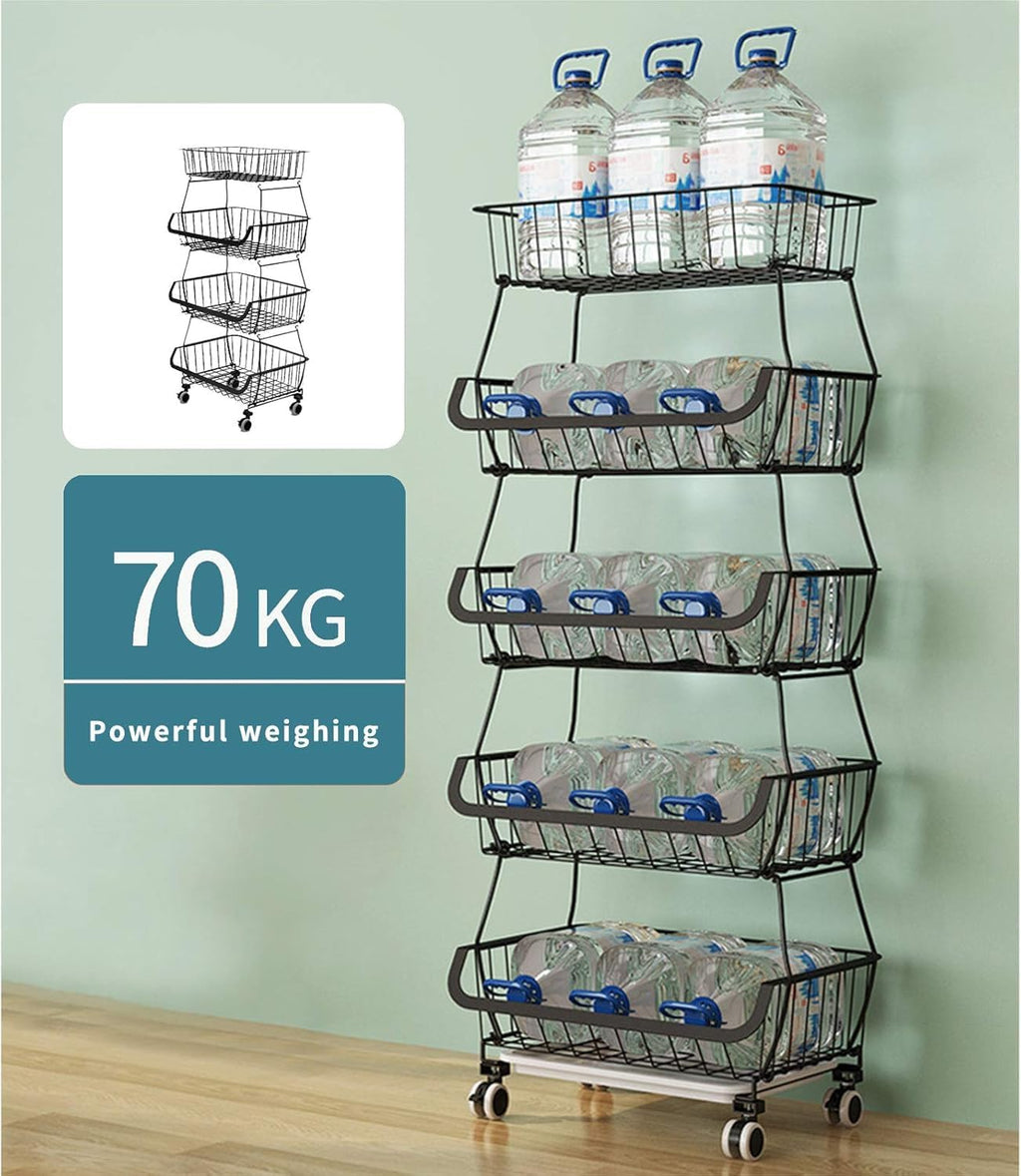 Kitchen Storage Baskets Black Iron Wire Storage Bins with Wheels and Feet, Stackable Vegetable Storage Baskets (6-Tier Baskets)