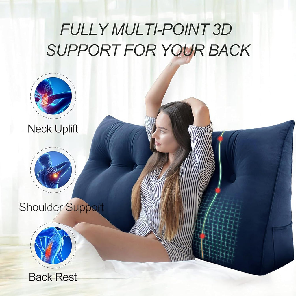 100% Cotton Velvet Headboard Pillow – Twin Size Wedge Back Support Reading Bolster for Bed & Daybed, Handmade Firm Support Cushion with Removable Cover, Soft Luxury Bed Rest Pillow, Deep Blue