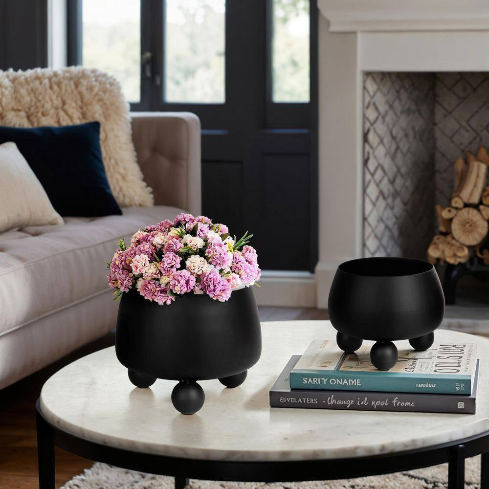 9 In. and 11 In. Black Metal Planters with Ball Feet (Set of 2)