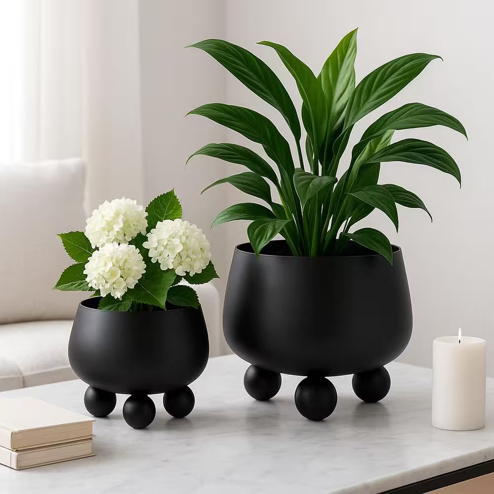 9 In. and 11 In. Black Metal Planters with Ball Feet (Set of 2)