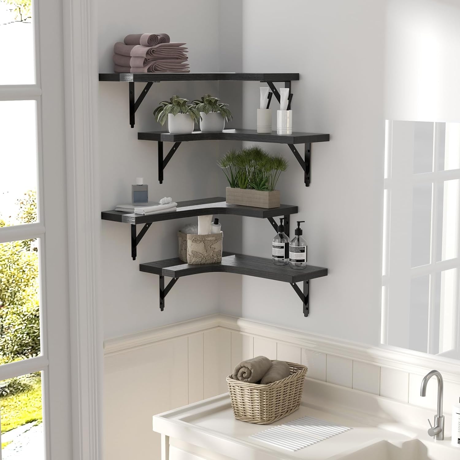 Corner Floating Shelves Wall Mounted Set of 4 Rustic Wood Storage Display Home