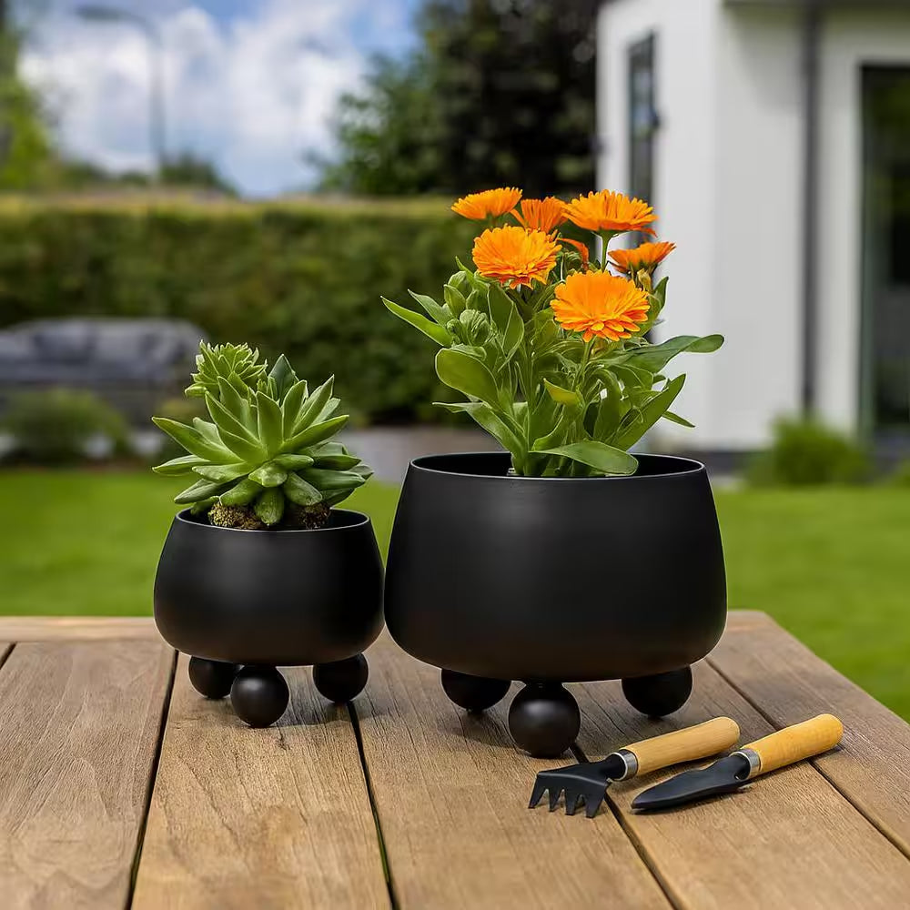 9 In. and 11 In. Black Metal Planters with Ball Feet (Set of 2)