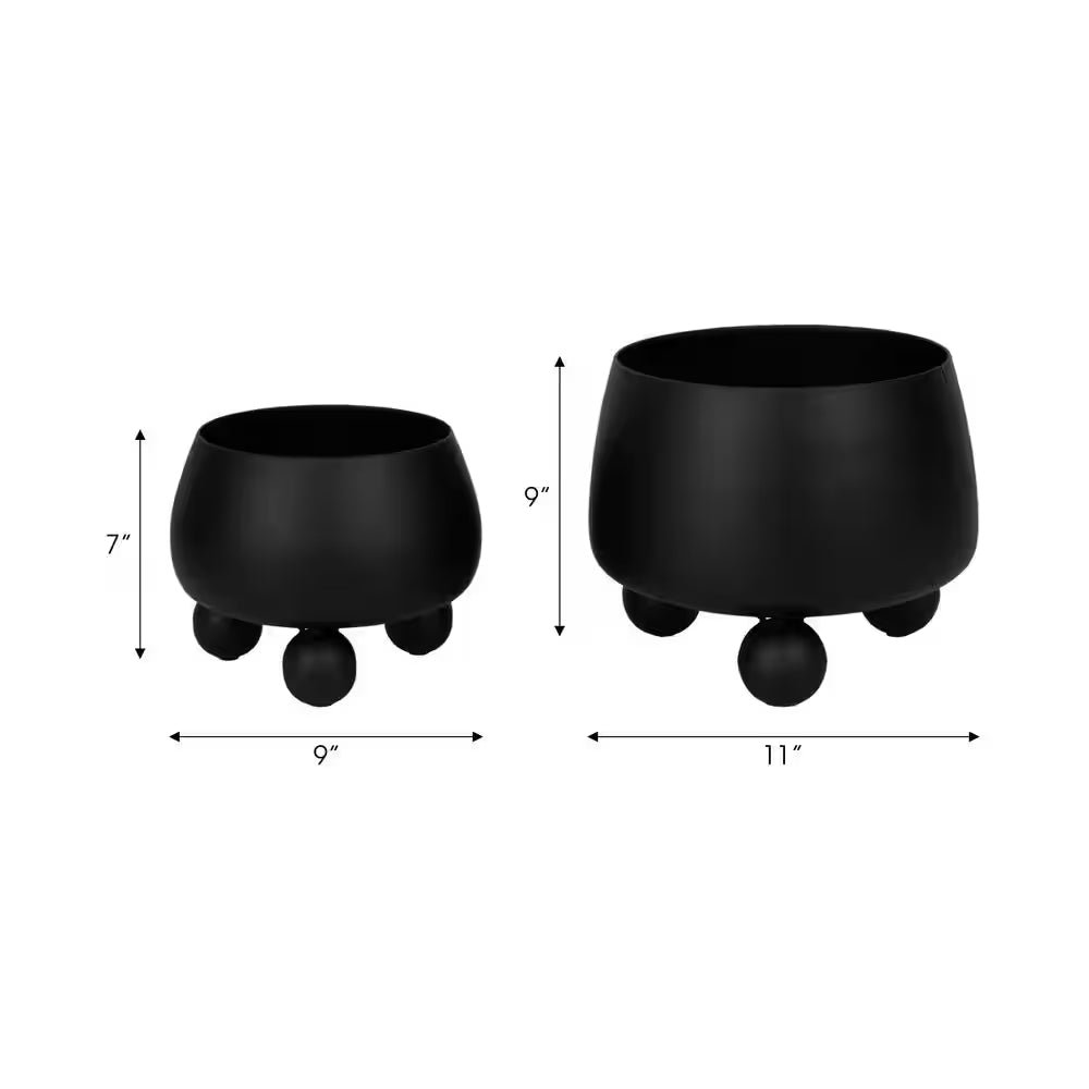 9 In. and 11 In. Black Metal Planters with Ball Feet (Set of 2)
