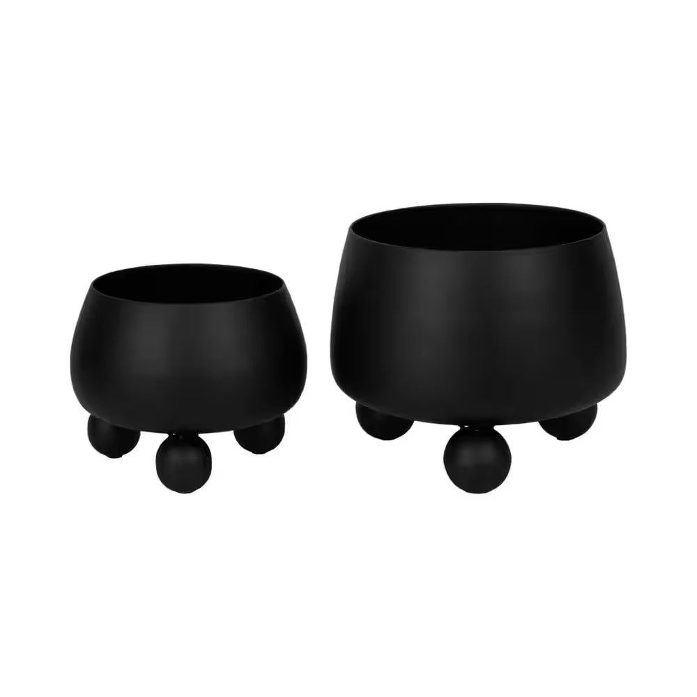 9 In. and 11 In. Black Metal Planters with Ball Feet (Set of 2)